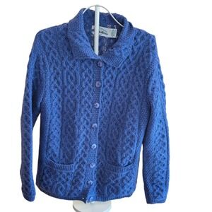 Aran Crafts Ireland Merino Wool Cable Knit Cardigan Sweater Womens Large Blue
